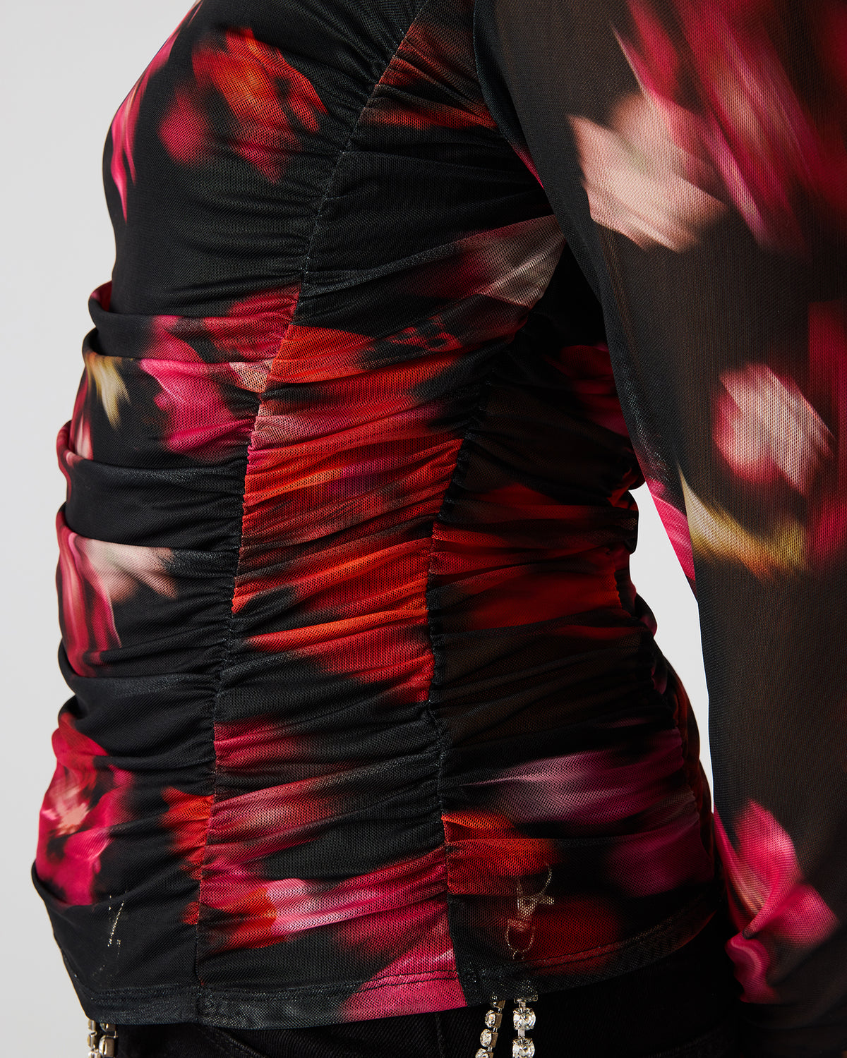 TAYLORE Blurry Floral Long-Sleeved Sheer Mesh Fabric Women's Top | Steve Madden