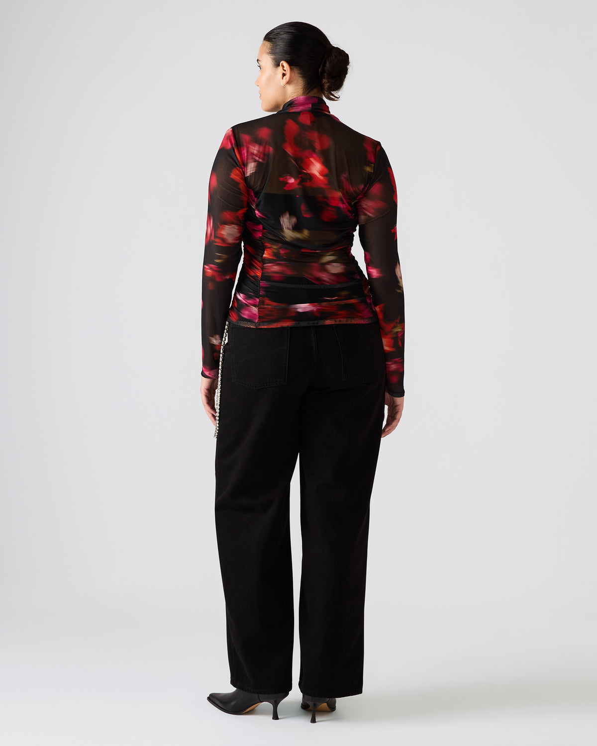TAYLORE Blurry Floral Long-Sleeved Sheer Mesh Fabric Women's Top | Steve Madden