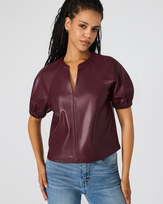 ROXANNE Wine Short-Sleeved Faux Leather Puff Sleeve Women's Top | Steve Madden