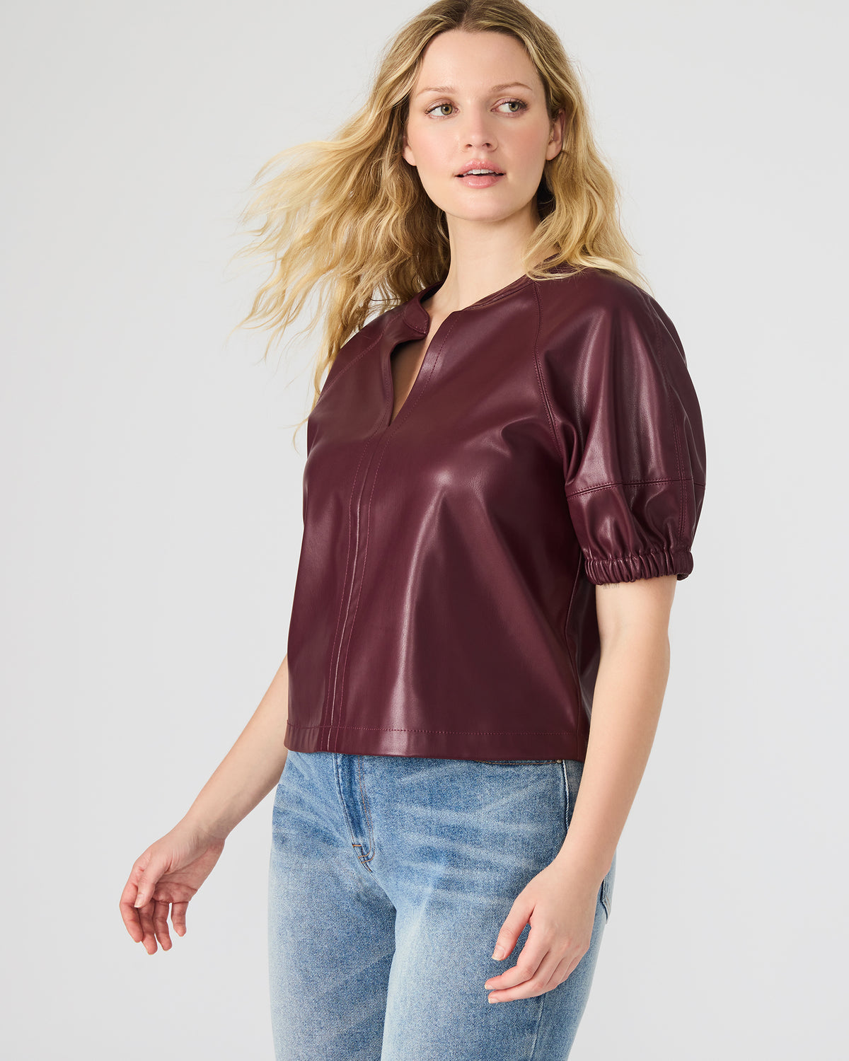 ROXANNE Wine Short-Sleeved Faux Leather Puff Sleeve Women's Top | Steve Madden