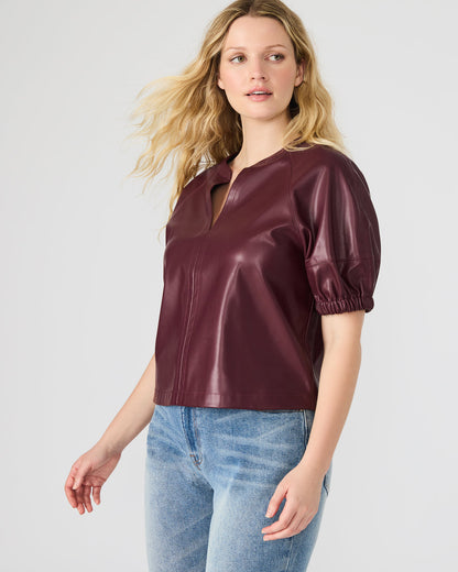 ROXANNE Wine Short-Sleeved Faux Leather Puff Sleeve Women's Top | Steve Madden