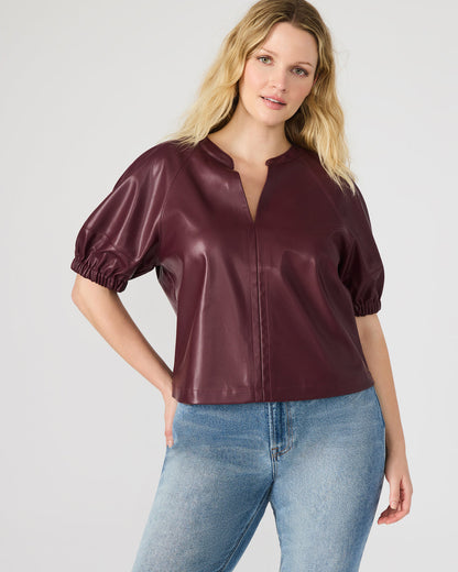 ROXANNE Wine Short-Sleeved Faux Leather Puff Sleeve Women's Top | Steve Madden