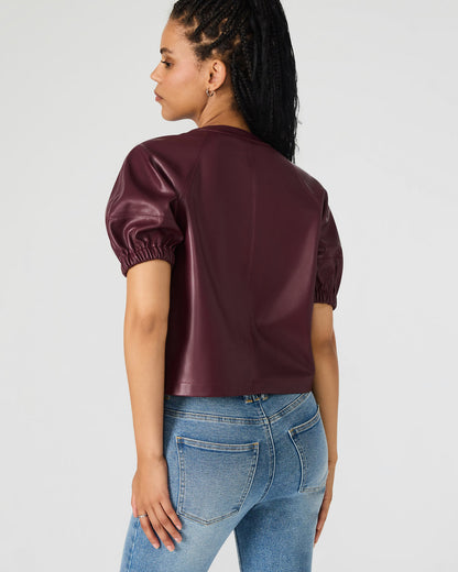 ROXANNE Wine Short-Sleeved Faux Leather Puff Sleeve Women's Top | Steve Madden