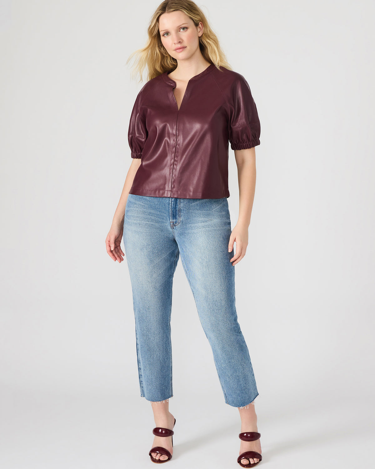 ROXANNE Wine Short-Sleeved Faux Leather Puff Sleeve Women's Top | Steve Madden