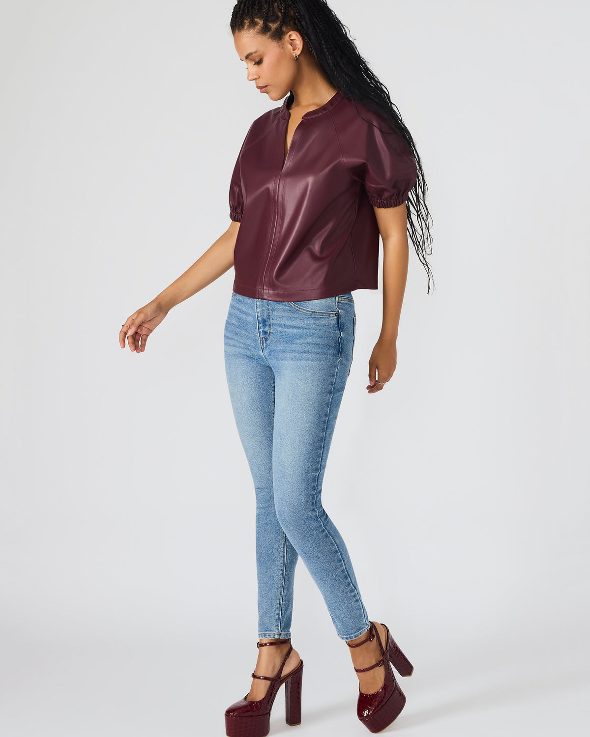 ROXANNE Wine Short-Sleeved Faux Leather Puff Sleeve Women's Top | Steve Madden