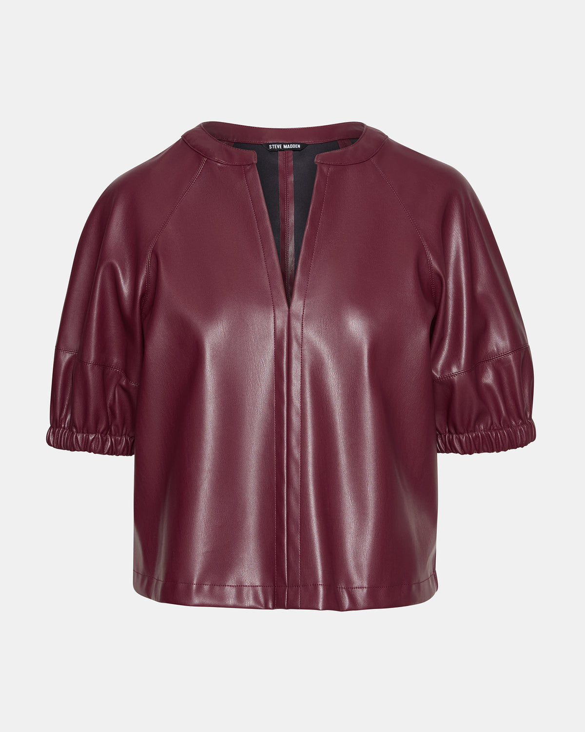 ROXANNE Wine Short-Sleeved Faux Leather Puff Sleeve Women's Top | Steve Madden