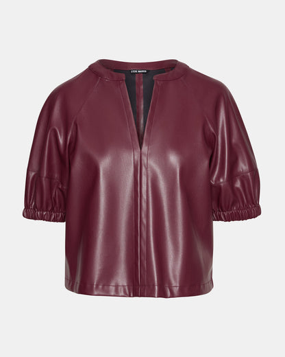 ROXANNE Wine Short-Sleeved Faux Leather Puff Sleeve Women's Top | Steve Madden