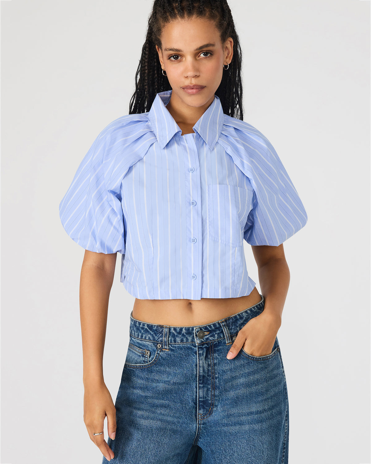 REECE Soft Blue Button-Up Collared Bubble Sleeve Women's Top | Steve Madden
