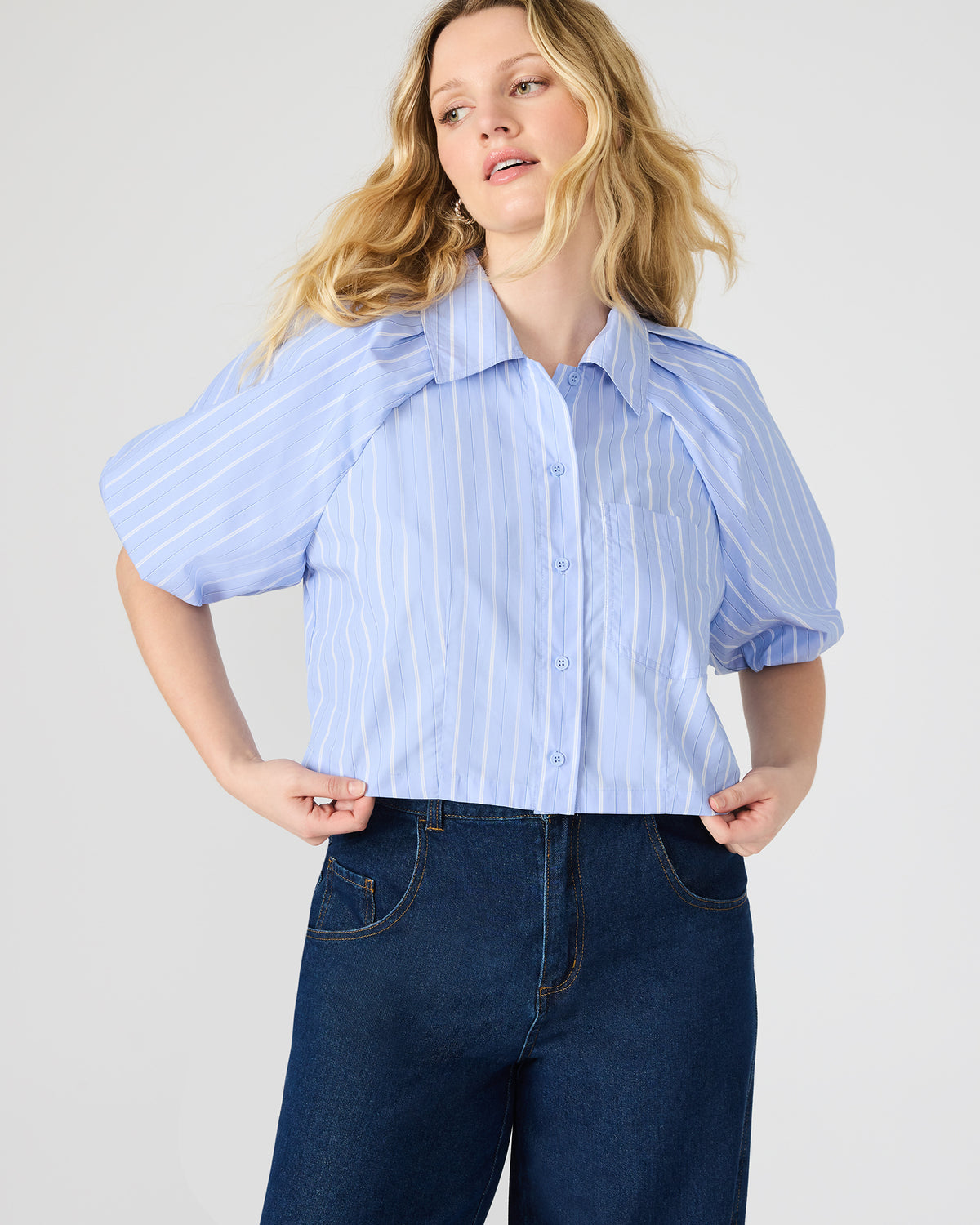 REECE Soft Blue Button-Up Collared Bubble Sleeve Women's Top | Steve Madden