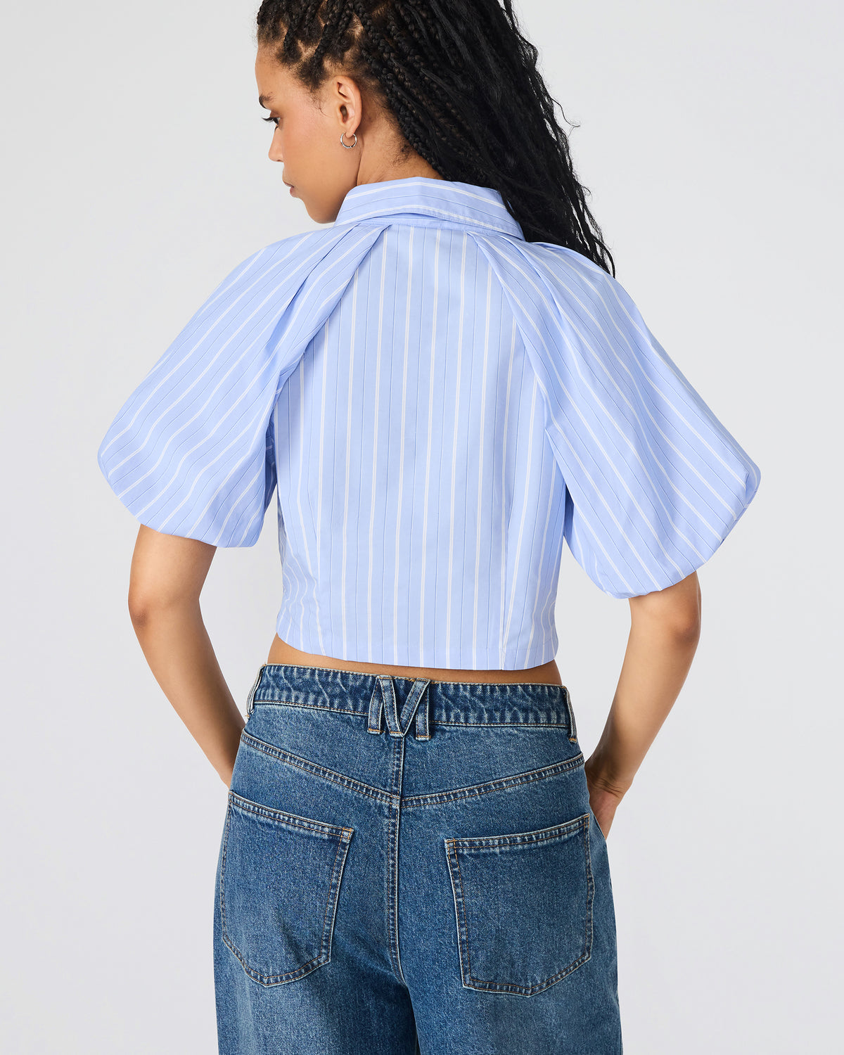 REECE Soft Blue Button-Up Collared Bubble Sleeve Women's Top | Steve Madden