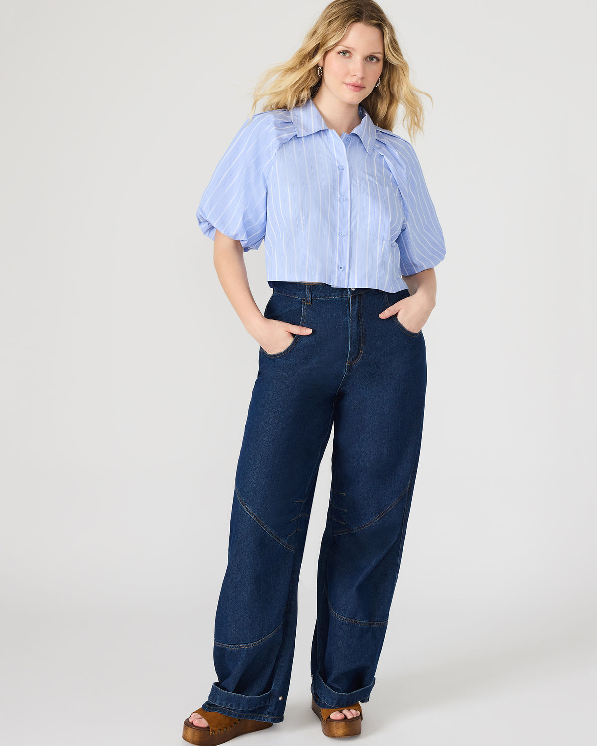 REECE Soft Blue Button-Up Collared Bubble Sleeve Women's Top | Steve Madden