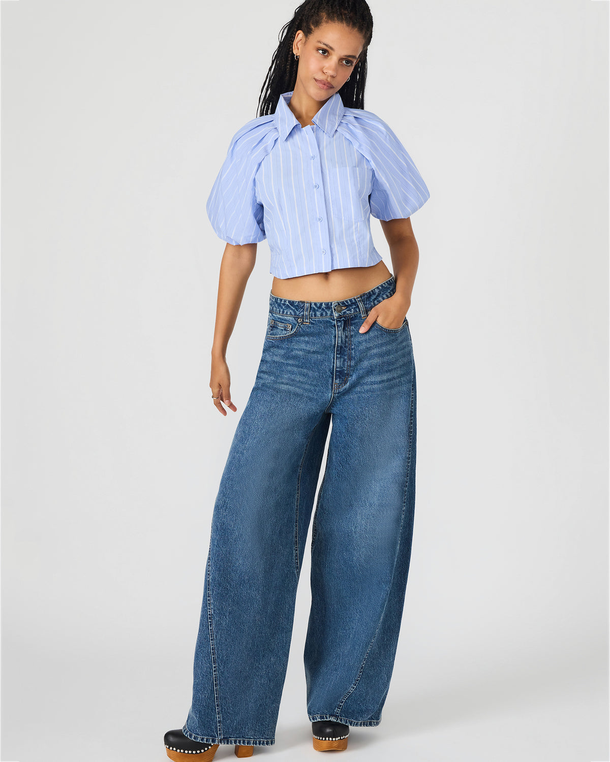 REECE Soft Blue Button-Up Collared Bubble Sleeve Women's Top | Steve Madden