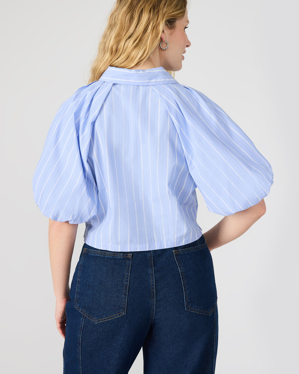 REECE Soft Blue Button-Up Collared Bubble Sleeve Women's Top | Steve Madden
