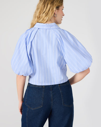 REECE Soft Blue Button-Up Collared Bubble Sleeve Women's Top | Steve Madden