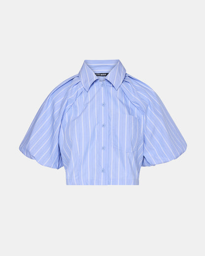 REECE Soft Blue Button-Up Collared Bubble Sleeve Women's Top | Steve Madden