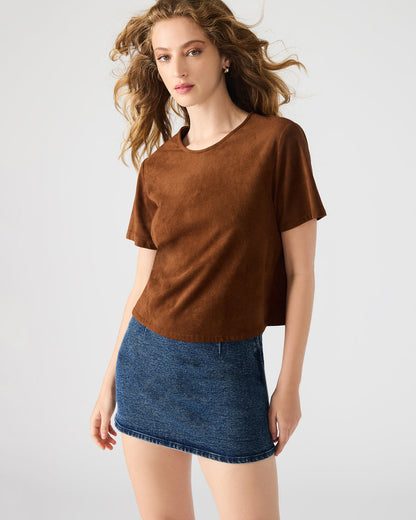 EZRA Chicory Coffee Short-Sleeved Faux-Suede Women's Top | Steve Madden