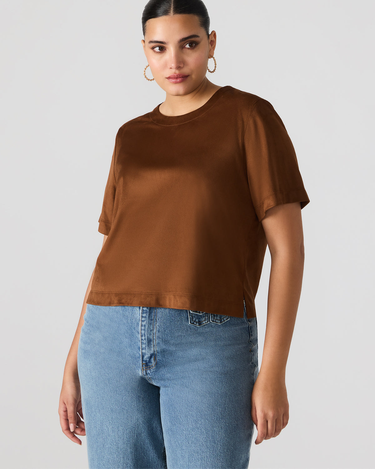 EZRA Chicory Coffee Short-Sleeved Faux-Suede Women's Top | Steve Madden