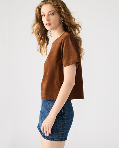 EZRA Chicory Coffee Short-Sleeved Faux-Suede Women's Top | Steve Madden