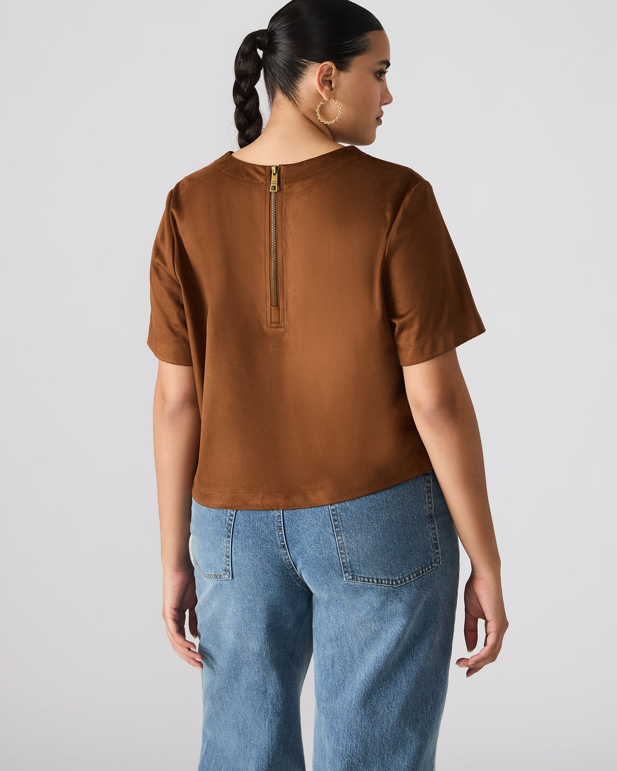 EZRA Chicory Coffee Short-Sleeved Faux-Suede Women's Top | Steve Madden