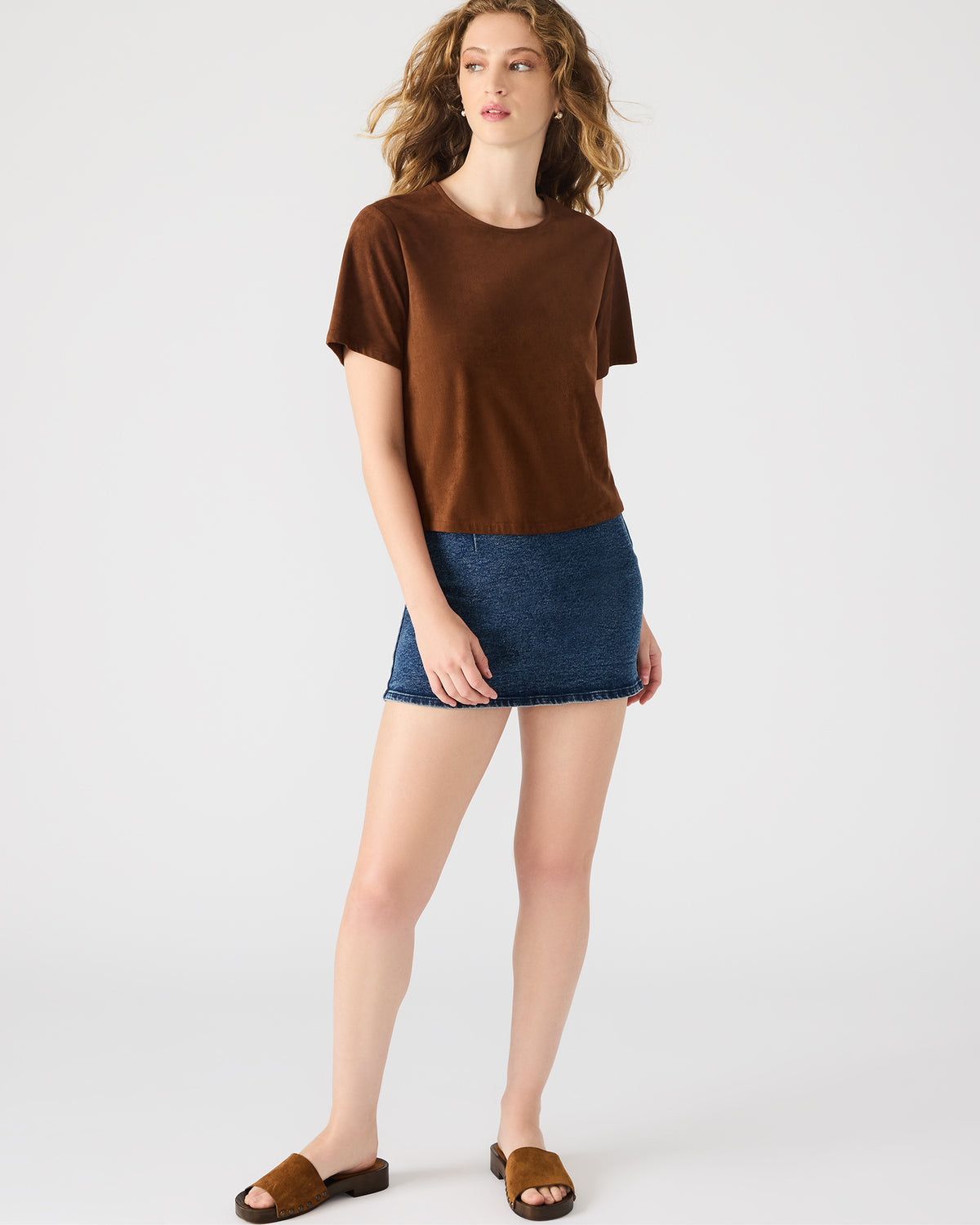 EZRA Chicory Coffee Short-Sleeved Faux-Suede Women's Top | Steve Madden