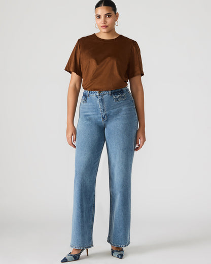 EZRA Chicory Coffee Short-Sleeved Faux-Suede Women's Top | Steve Madden