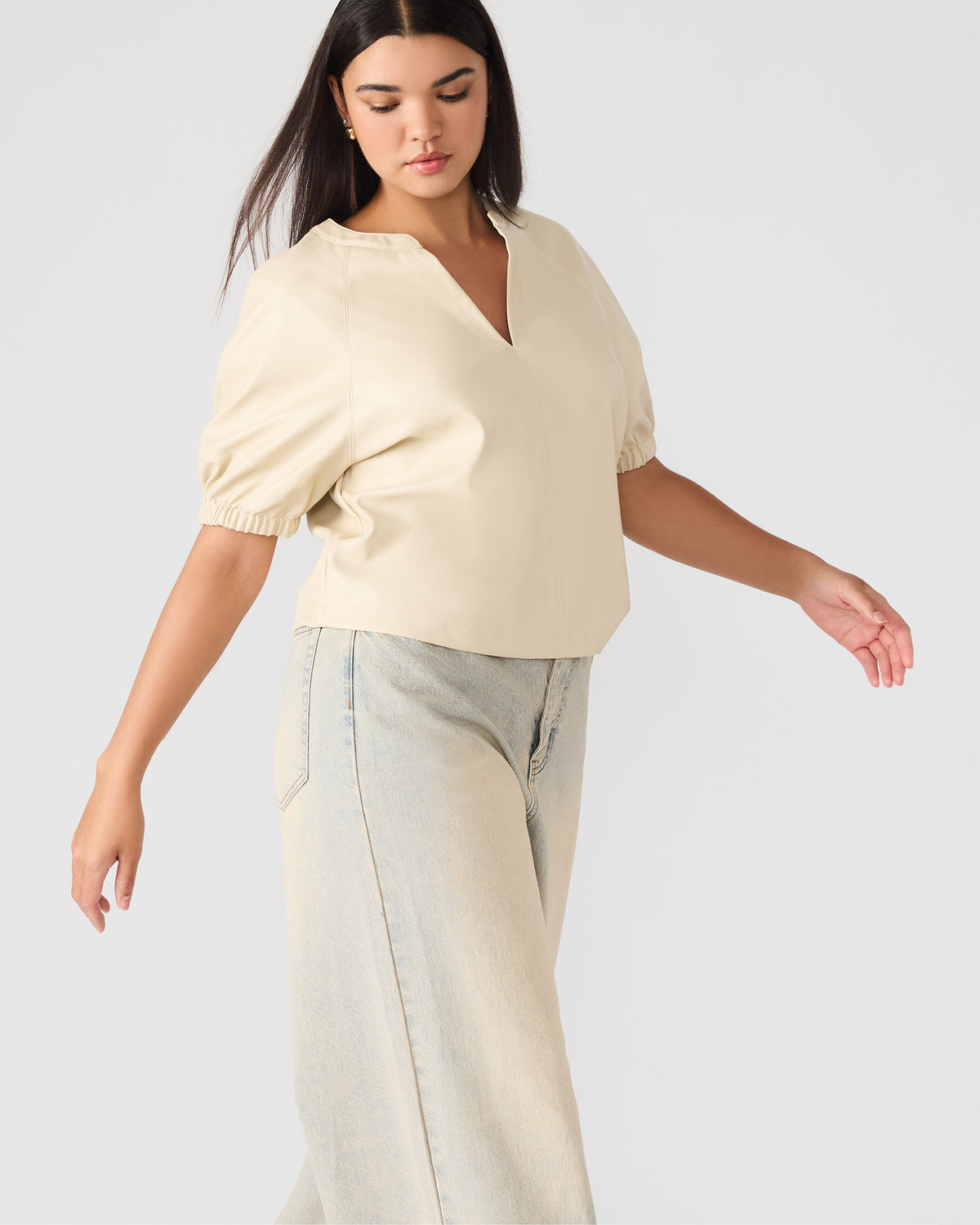 ROXANNE Bone Short-Sleeved Faux Leather Puff Sleeve Women's Top | Steve Madden