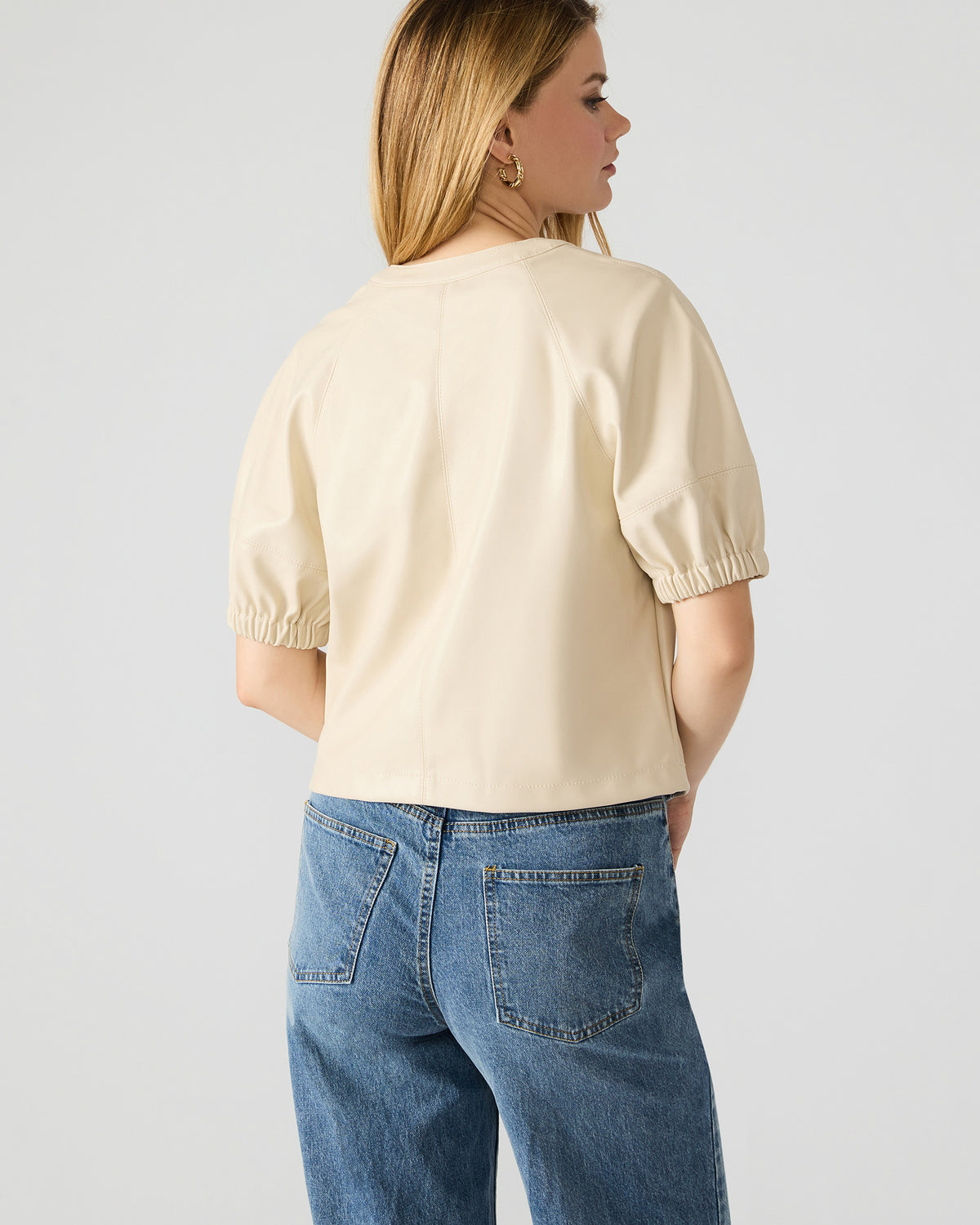 ROXANNE Bone Short-Sleeved Faux Leather Puff Sleeve Women's Top | Steve Madden