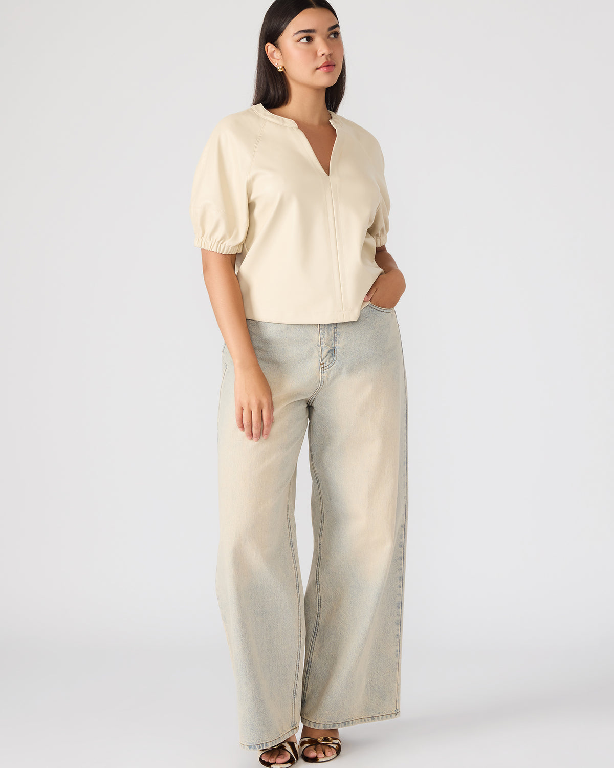 ROXANNE Bone Short-Sleeved Faux Leather Puff Sleeve Women's Top | Steve Madden