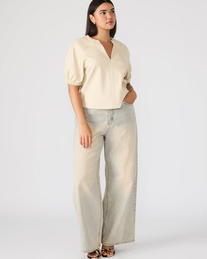 ROXANNE Bone Short-Sleeved Faux Leather Puff Sleeve Women's Top | Steve Madden