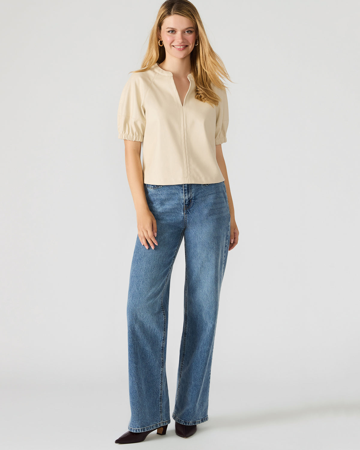 ROXANNE Bone Short-Sleeved Faux Leather Puff Sleeve Women's Top | Steve Madden