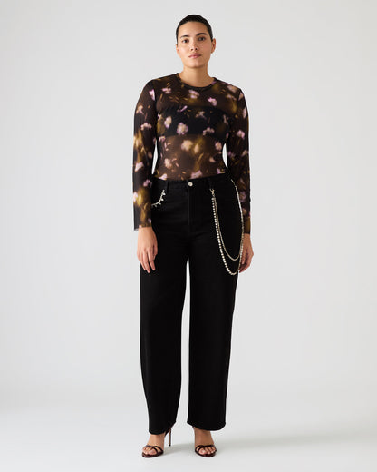 LILIANNA Black Multi Mesh Sheer Long-Sleeved Floral Print Women's Top | Steve Madden