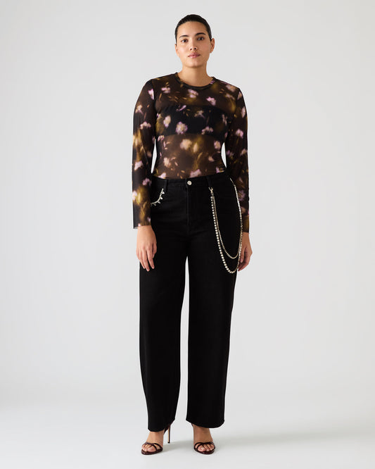 LILIANNA Black Multi Mesh Sheer Long-Sleeved Floral Print Women's Top | Steve Madden