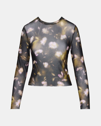 LILIANNA Black Multi Mesh Sheer Long-Sleeved Floral Print Women's Top | Steve Madden