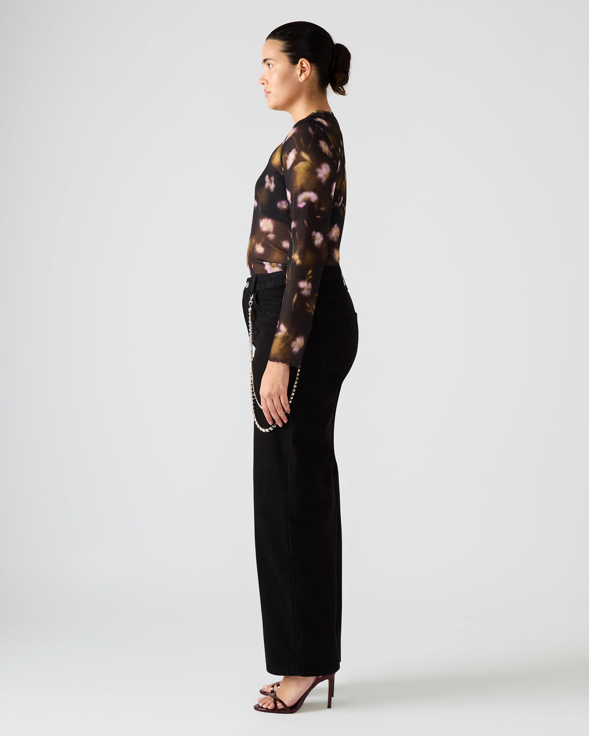 LILIANNA Black Multi Mesh Sheer Long-Sleeved Floral Print Women's Top | Steve Madden