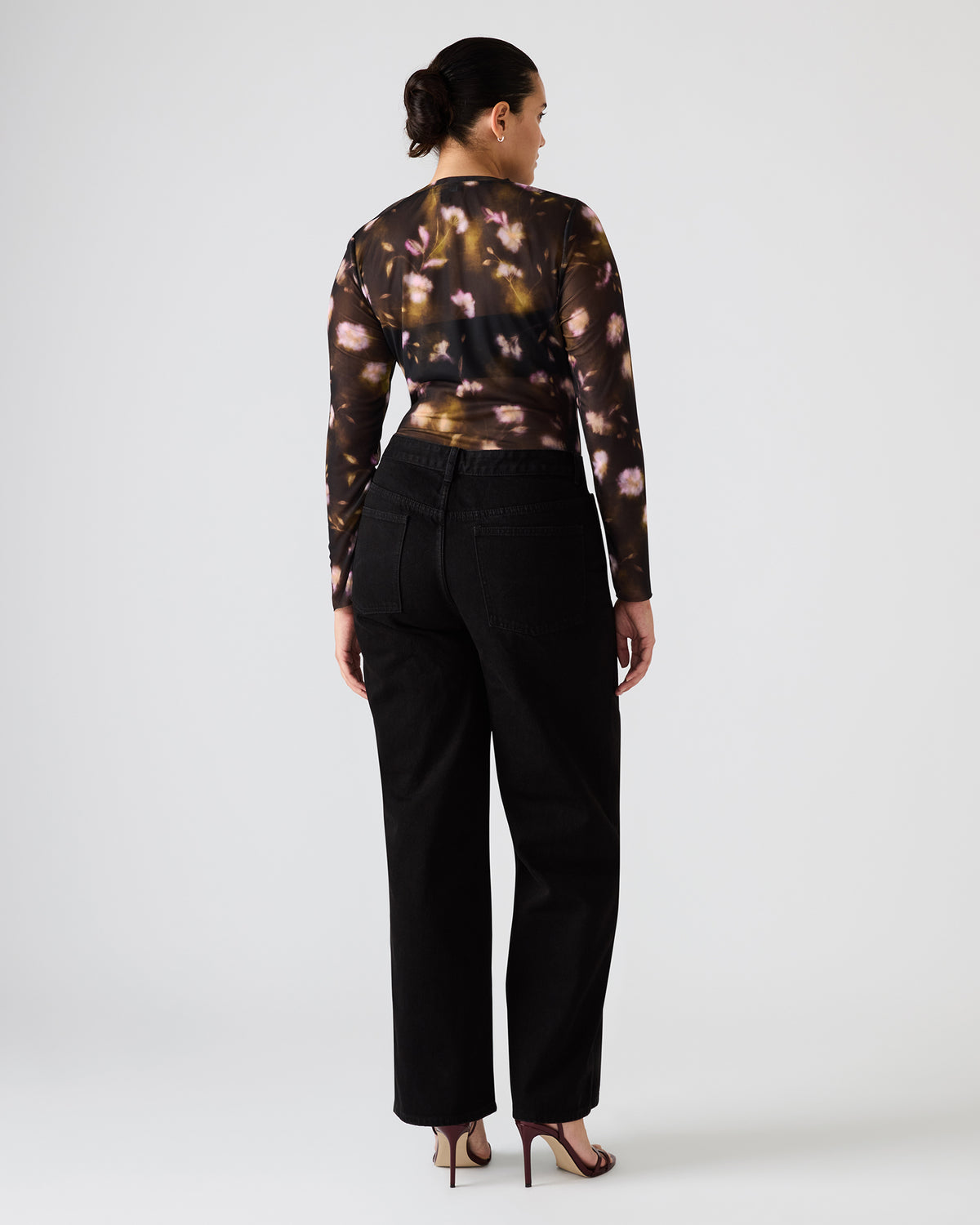 LILIANNA Black Multi Mesh Sheer Long-Sleeved Floral Print Women's Top | Steve Madden