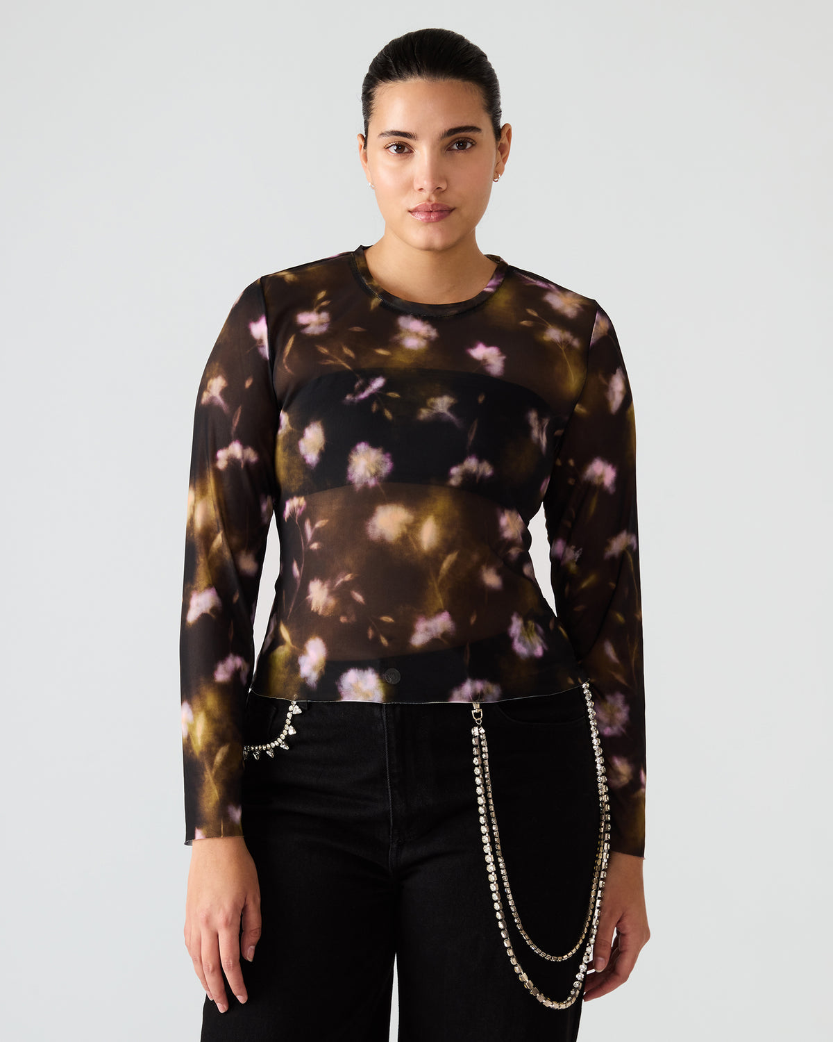 LILIANNA Black Multi Mesh Sheer Long-Sleeved Floral Print Women's Top | Steve Madden