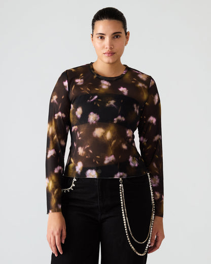 LILIANNA Black Multi Mesh Sheer Long-Sleeved Floral Print Women's Top | Steve Madden