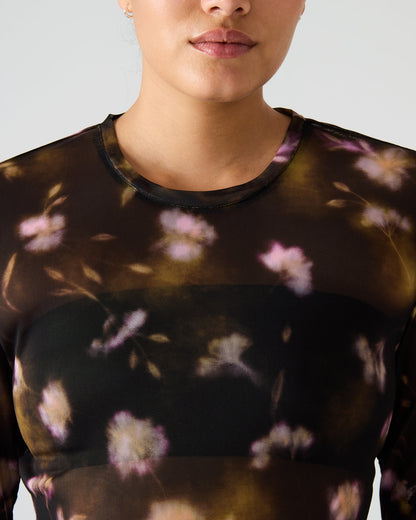 LILIANNA Black Multi Mesh Sheer Long-Sleeved Floral Print Women's Top | Steve Madden