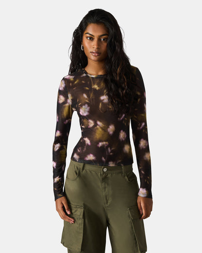 LILIANNA Black Multi Mesh Sheer Long-Sleeved Floral Print Women's Top | Steve Madden