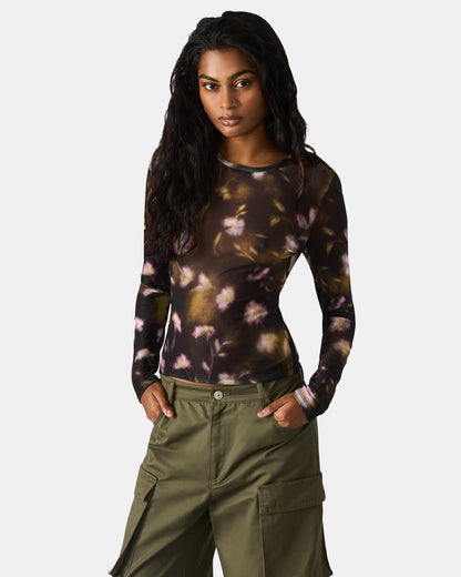 LILIANNA Black Multi Mesh Sheer Long-Sleeved Floral Print Women's Top | Steve Madden