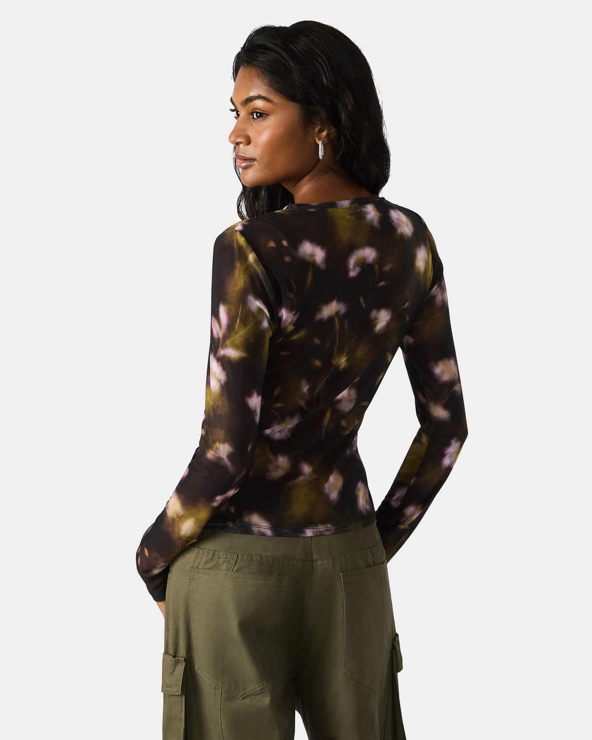 LILIANNA Black Multi Mesh Sheer Long-Sleeved Floral Print Women's Top | Steve Madden
