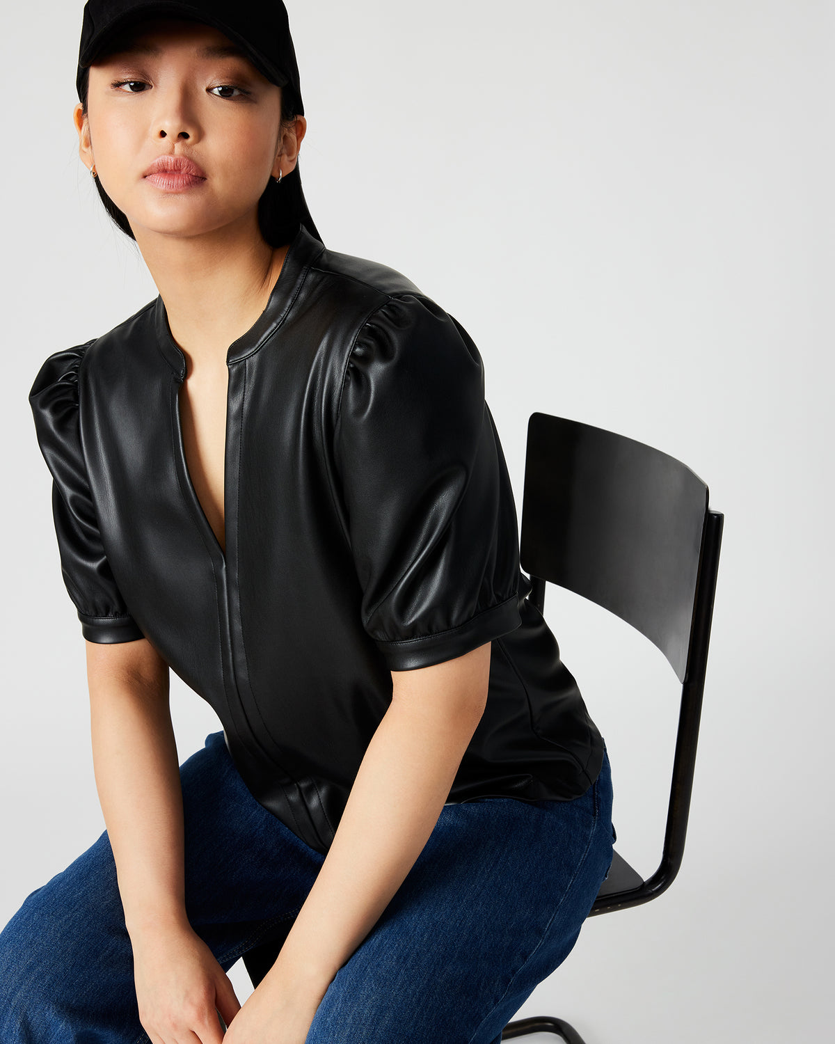 JANE Black Women's Short-Sleeved Suede Top | Steve Madden
