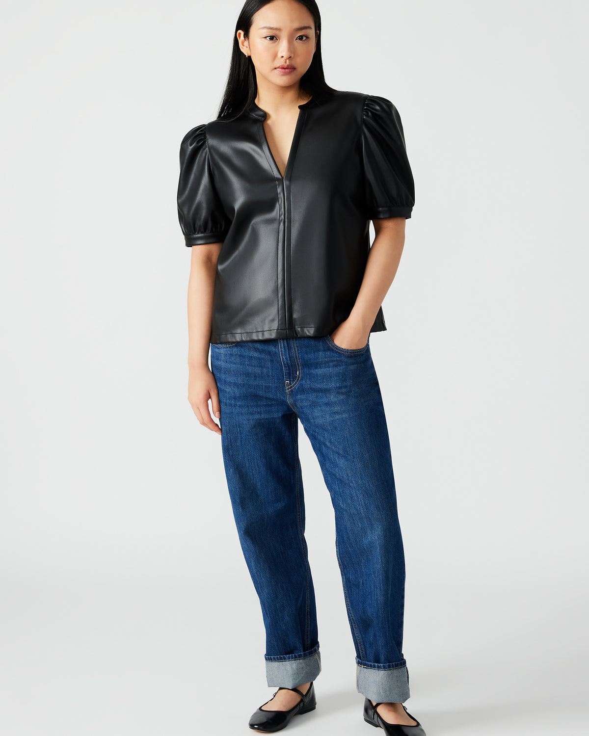 JANE Black Women's Short-Sleeved Suede Top | Steve Madden