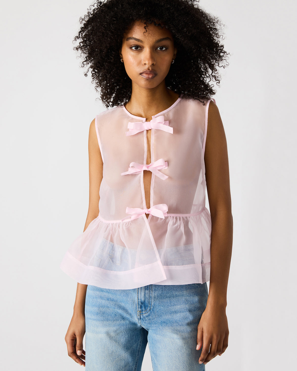 PAULINA Light Pink Sheer Mesh Bow Detail Tie-Front Women's Top | Steve Madden