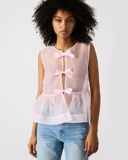 PAULINA Light Pink Sheer Mesh Bow Detail Tie-Front Women's Top | Steve Madden