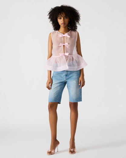 PAULINA Light Pink Sheer Mesh Bow Detail Tie-Front Women's Top | Steve Madden