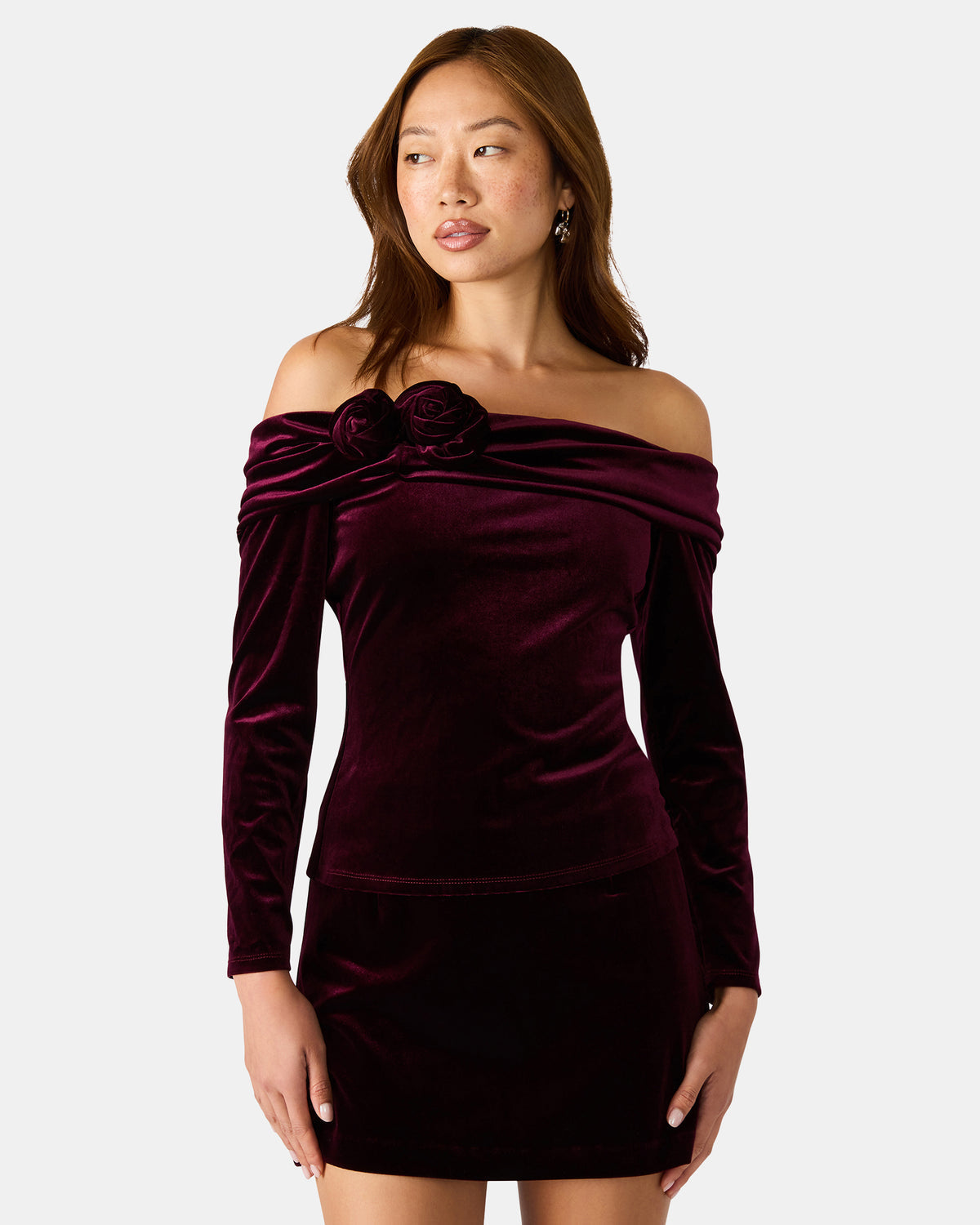 LICI Wine Long-Sleeved Velvet Rose Off-The-Shoulder Women's Top | Steve Madden