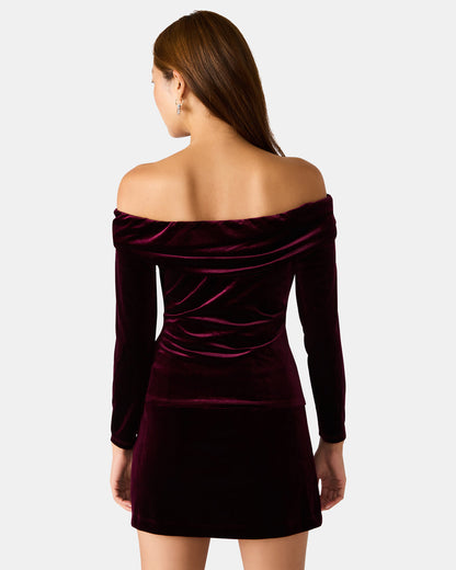 LICI Wine Long-Sleeved Velvet Rose Off-The-Shoulder Women's Top | Steve Madden