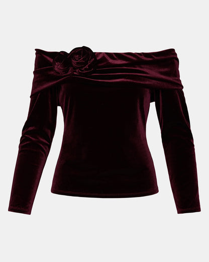 LICI Wine Long-Sleeved Velvet Rose Off-The-Shoulder Women's Top | Steve Madden