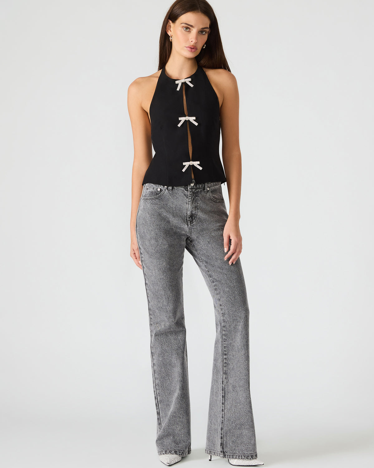JUVIA Black Sleeveless Bow Detail Halter Women's Top | Steve Madden